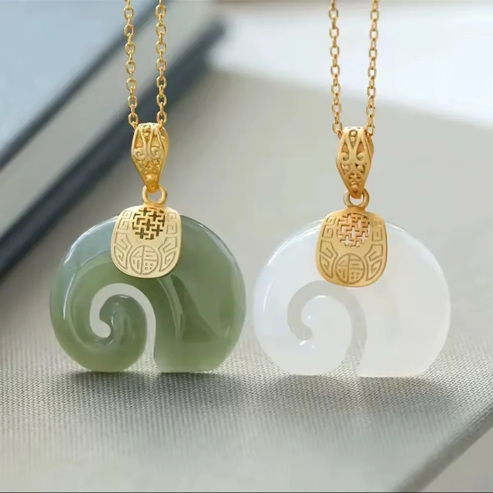 Natural Necklace Green Jade Elephant Pendant | 18K Gold Plated Chain Necklace - Picture 2 of 12